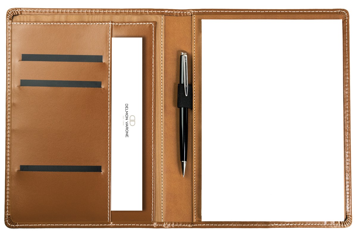 Schreibmappe DIN A5, incl. Memoblock CAMBRIDGE Top Grain Leder mit heller Kontrastnaht hellbraun